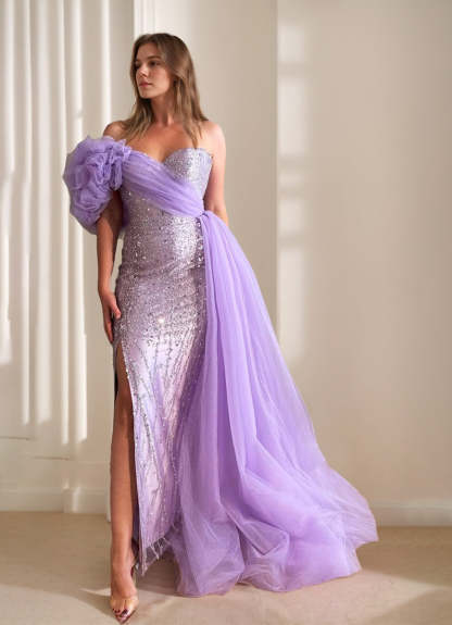 One-Shoulder Sleeveless Sheath/Column Prom Dress with Luxurious Flower & Watteau Train