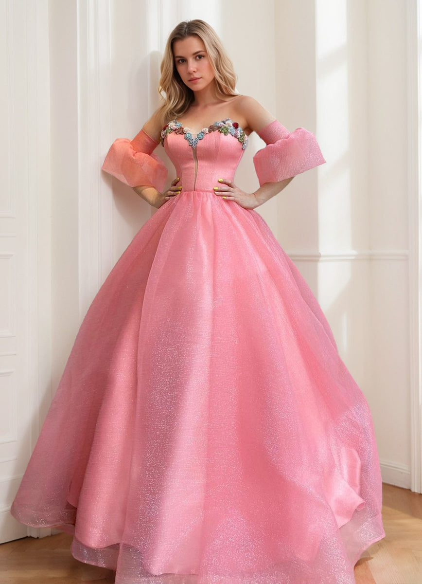 Elegant Strapless Sleeveless Prom Ball Gown Featuring Embroidery and Ruffles