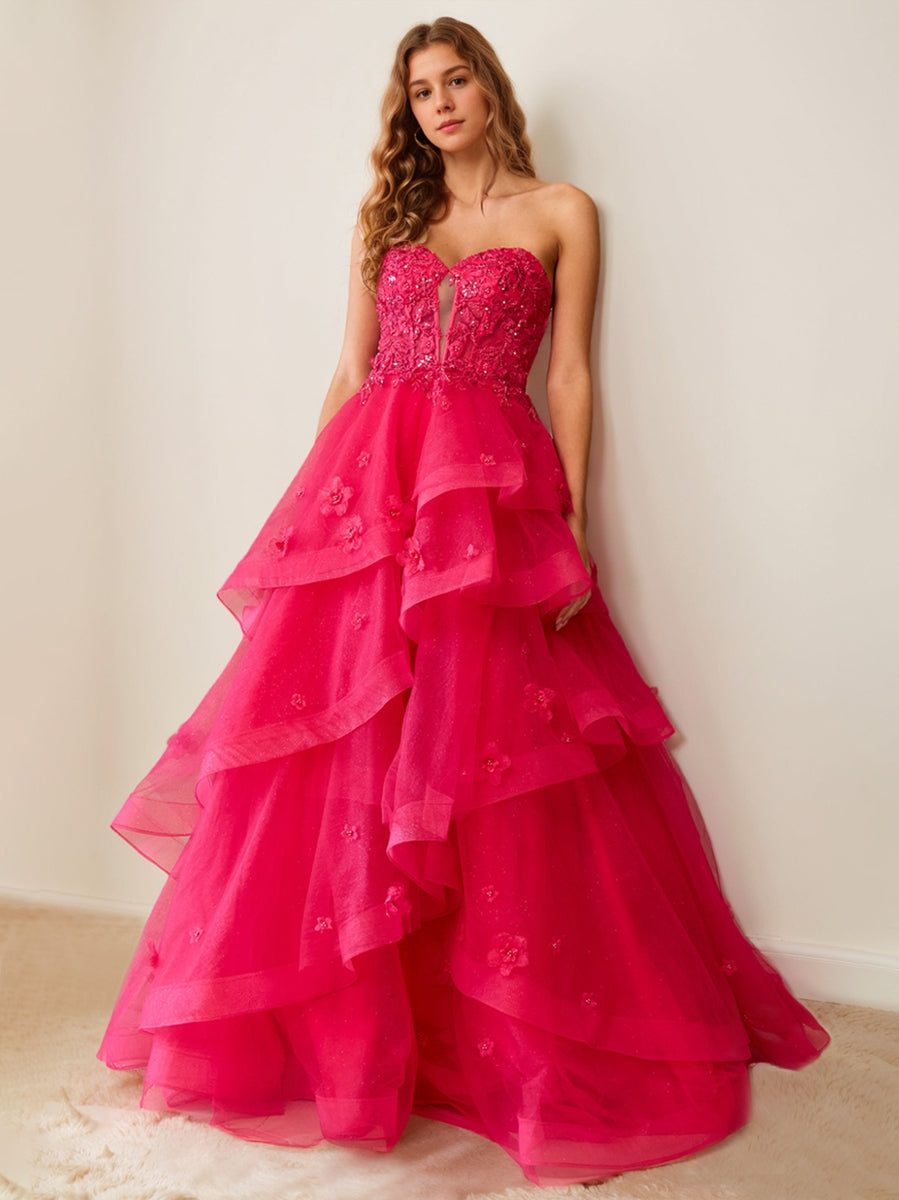 Luxurious strapless A-line prom dresses with pleats beadings ruffles and appliques