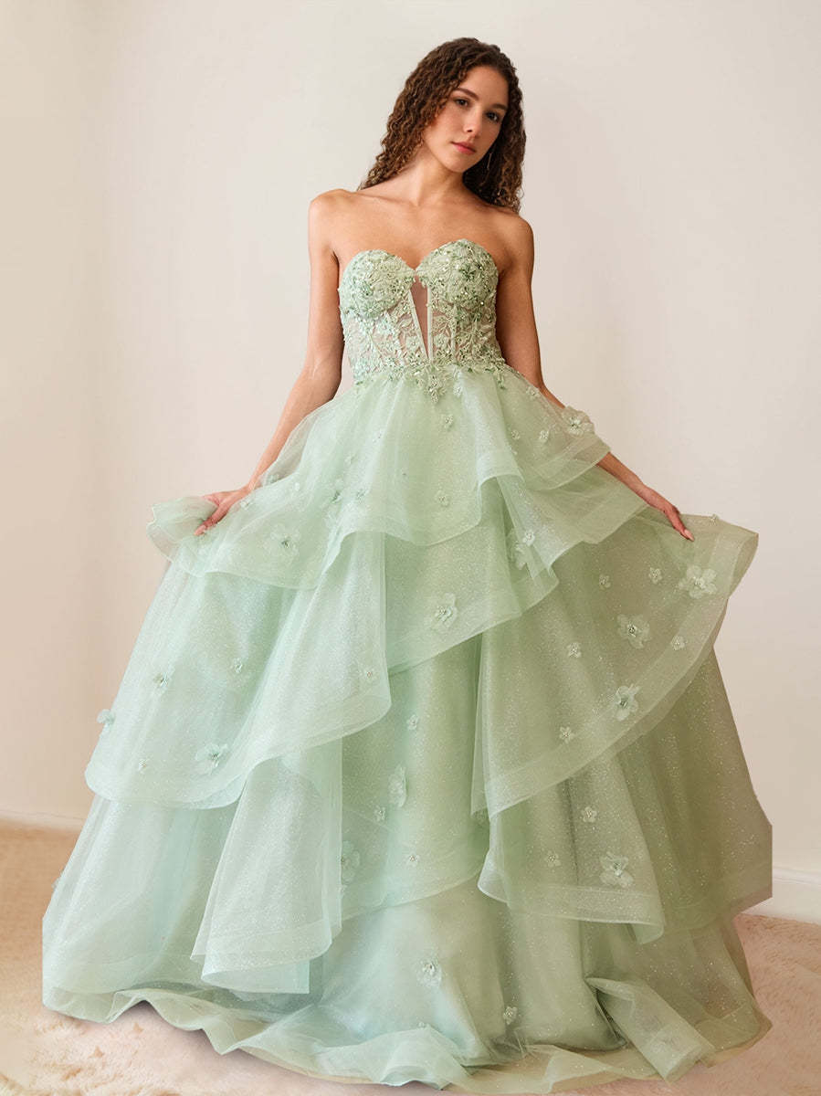 Luxurious strapless A-line prom dresses with pleats beadings ruffles and appliques