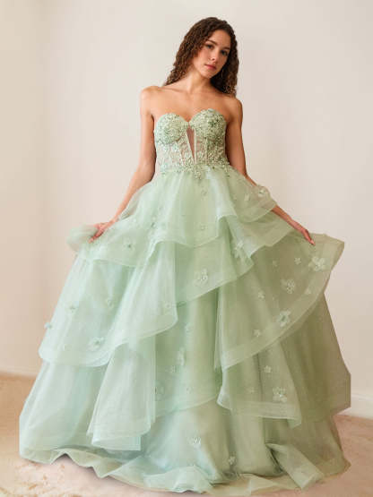 Luxurious strapless A-line prom dresses with pleats beadings ruffles and appliques