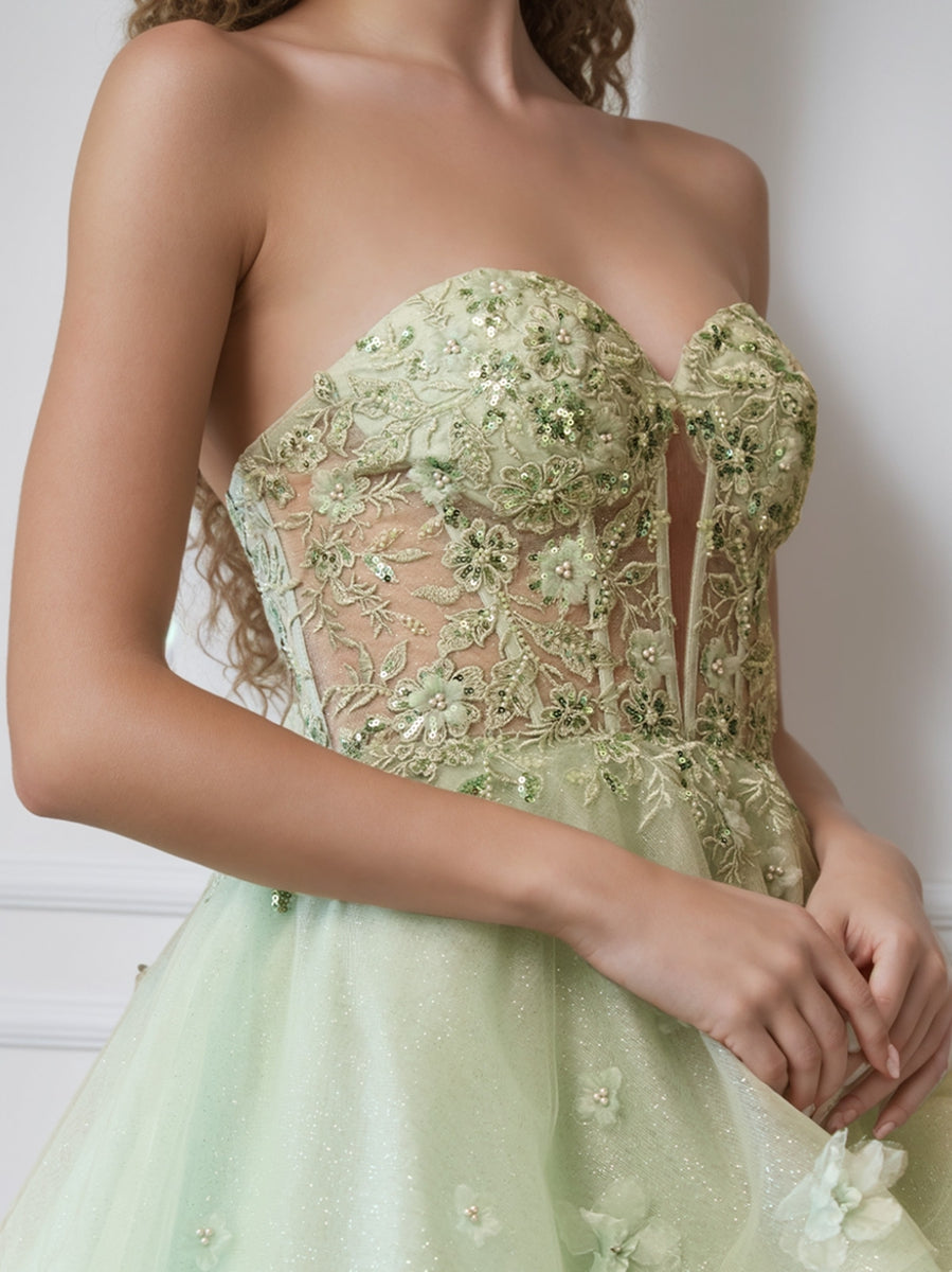 Luxurious strapless A-line prom dresses with pleats beadings ruffles and appliques