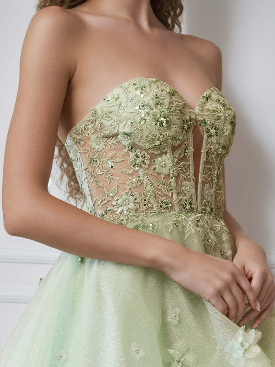 Luxurious strapless A-line prom dresses with pleats beadings ruffles and appliques
