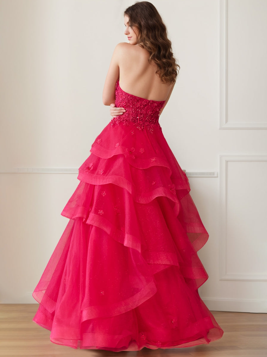 Luxurious strapless A-line prom dresses with pleats beadings ruffles and appliques