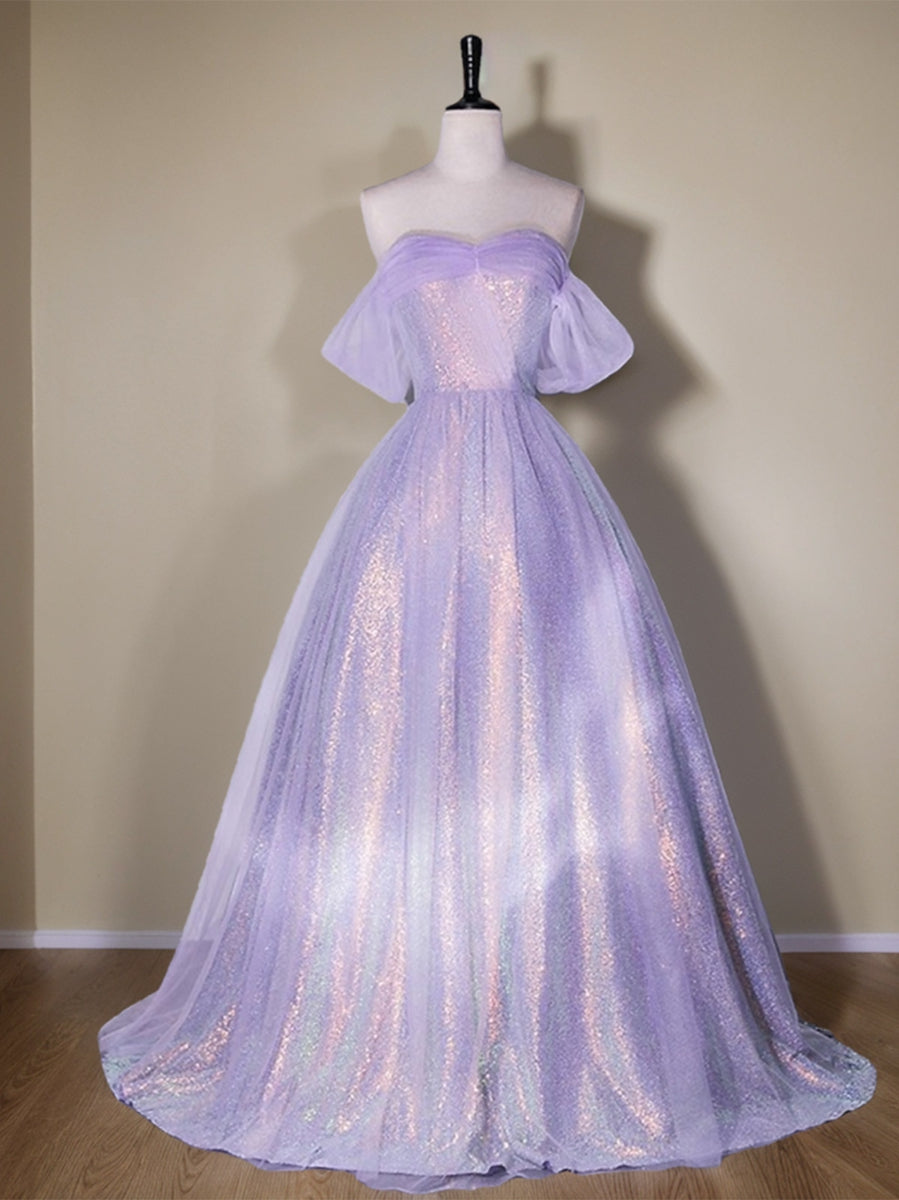 Elegant Off-the-Shoulder Floor Length Prom Dresses with Ruffles in A-Line/Princess Shining Style