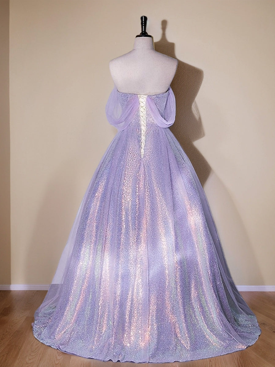 Elegant Off-the-Shoulder Floor Length Prom Dresses with Ruffles in A-Line/Princess Shining Style