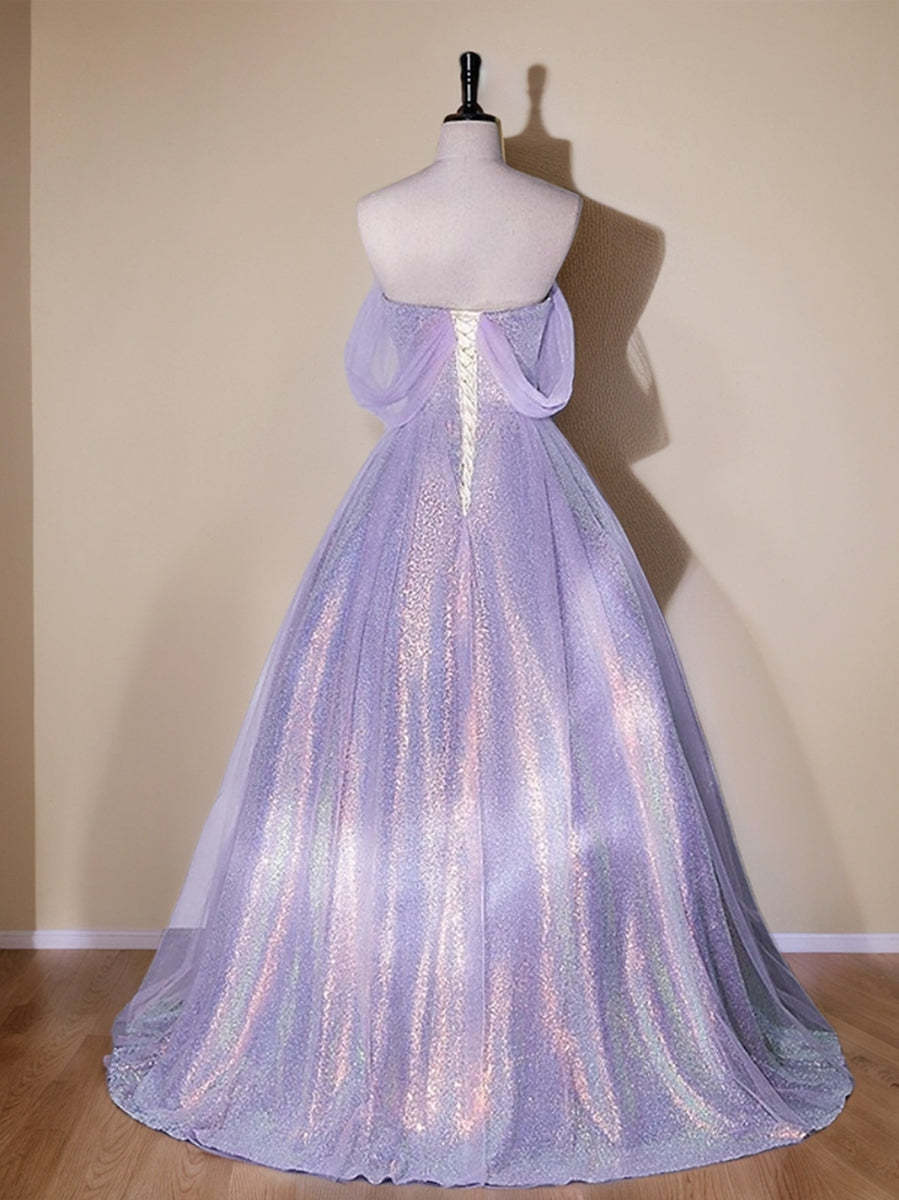 Elegant Off-the-Shoulder Floor Length Prom Dresses with Ruffles in A-Line/Princess Shining Style