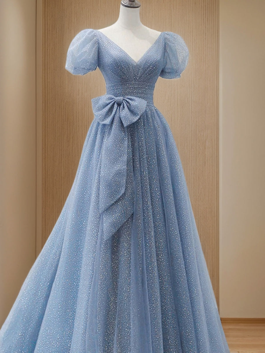 Elegant V-Neck A-Line Prom Dress with Short Sleeves Bow Belt and Floor-Length Skirt