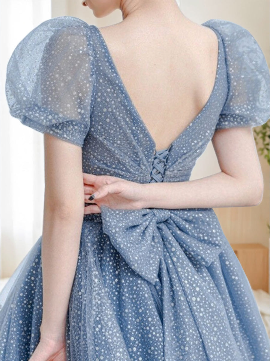 Elegant V-Neck A-Line Prom Dress with Short Sleeves Bow Belt and Floor-Length Skirt