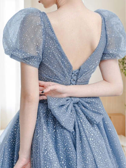 Elegant V-Neck A-Line Prom Dress with Short Sleeves Bow Belt and Floor-Length Skirt