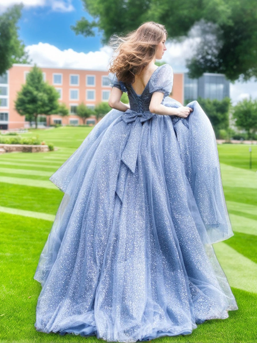 Elegant V-Neck A-Line Prom Dress with Short Sleeves Bow Belt and Floor-Length Skirt