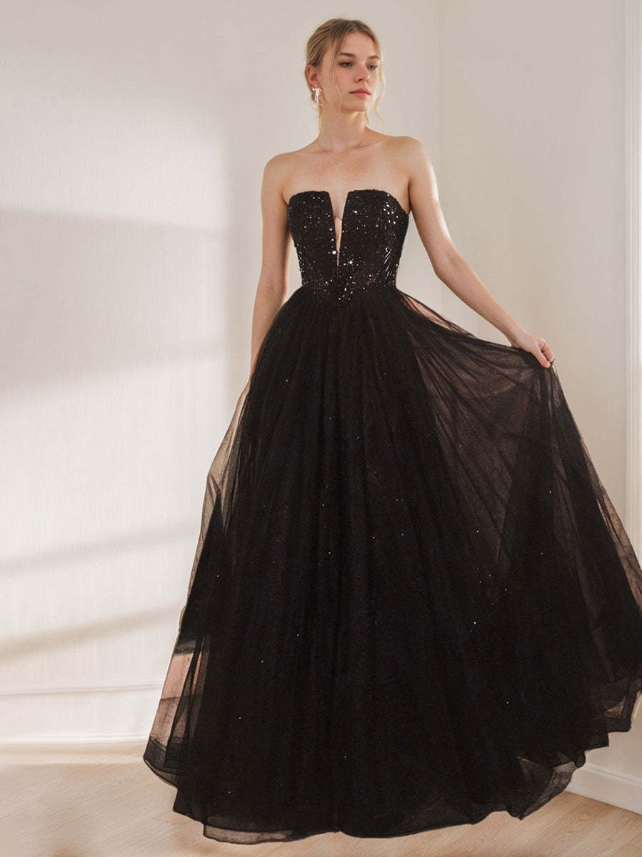 Sparkling Strapless Sleeveless A-Line/Princess Floor-Length Prom Dress with Sequins