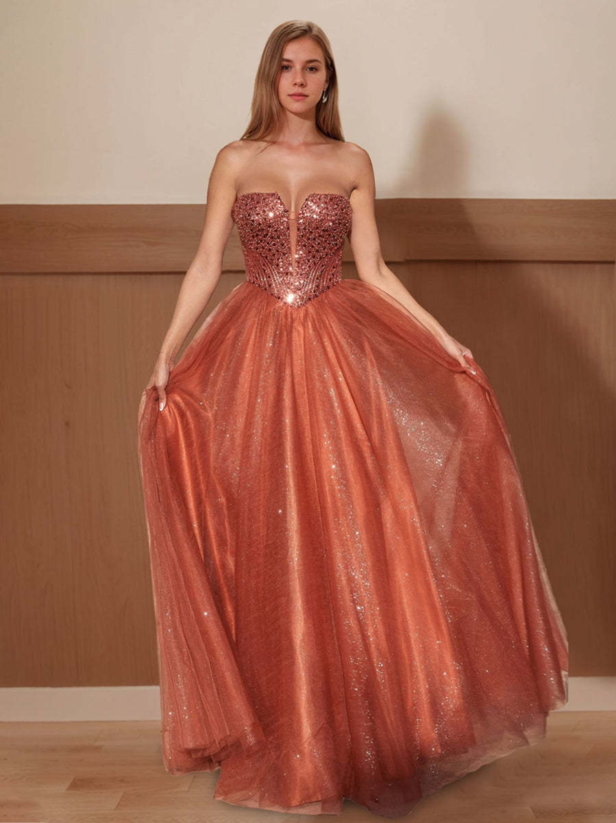 Sparkling Strapless Sleeveless A-Line/Princess Floor-Length Prom Dress with Sequins