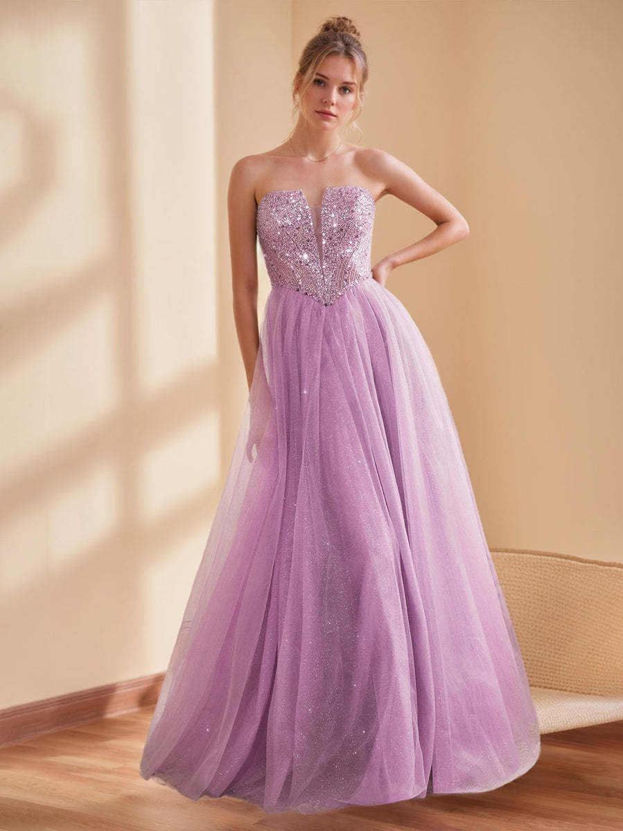 Sparkling Strapless Sleeveless A-Line/Princess Floor-Length Prom Dress with Sequins