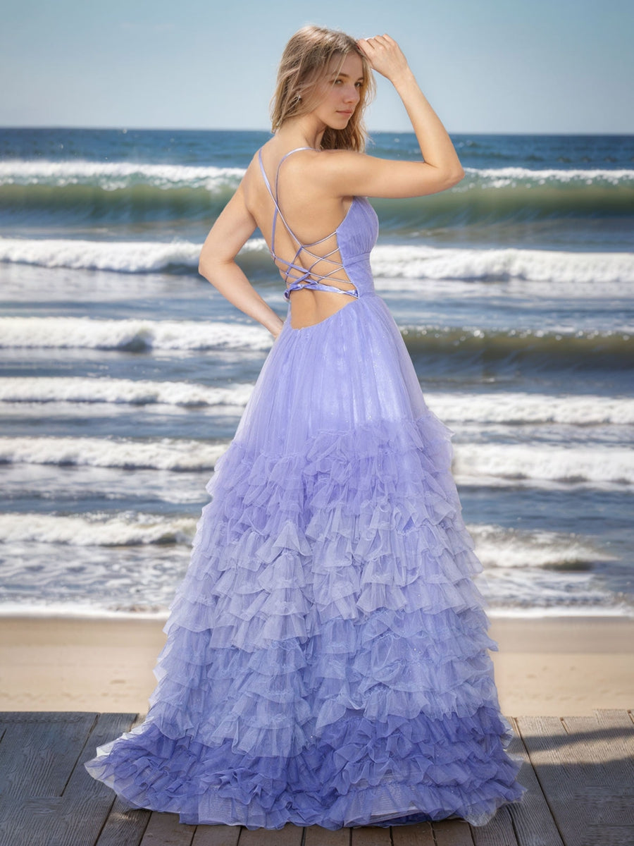 Princess A-Line Spaghetti Strap Floor-Length Prom Dress with Ruffles and High Slit