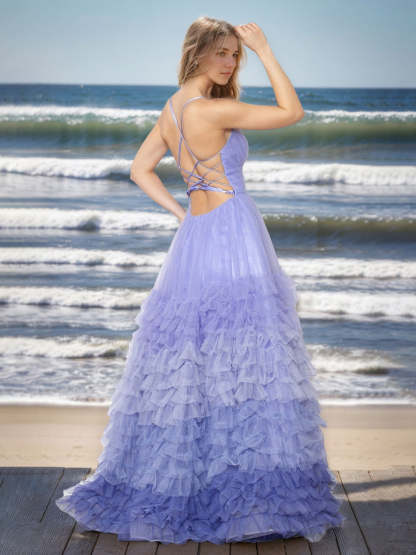 Princess A-Line Spaghetti Strap Floor-Length Prom Dress with Ruffles and High Slit