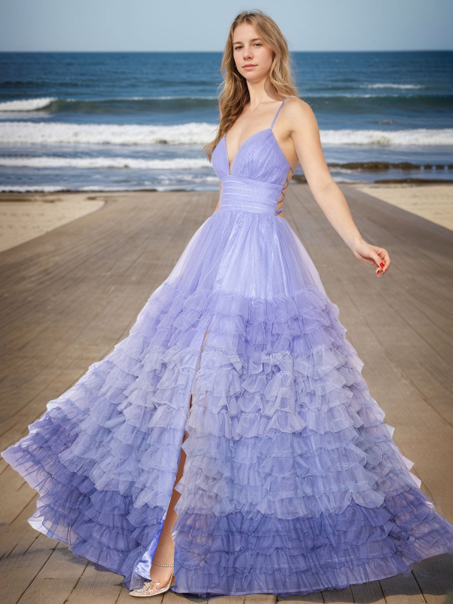 Princess A-Line Spaghetti Strap Floor-Length Prom Dress with Ruffles and High Slit