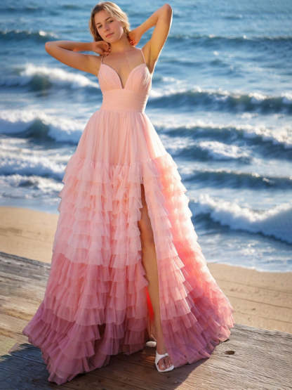 Princess A-Line Spaghetti Strap Floor-Length Prom Dress with Ruffles and High Slit