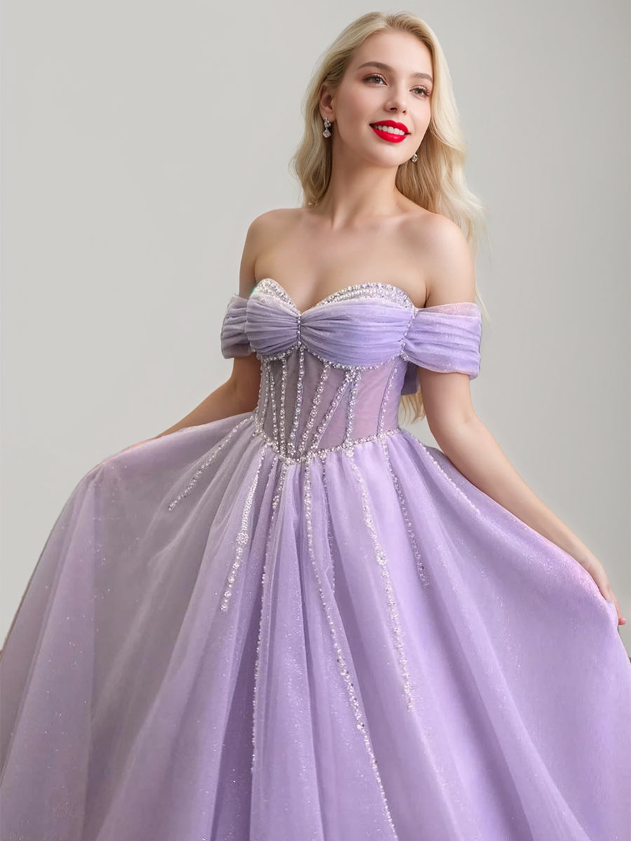 Exquisite Long Prom Dresses with Rhinestone & Ruffles – Off-the-Shoulder Sleeveless A-Line/Princess