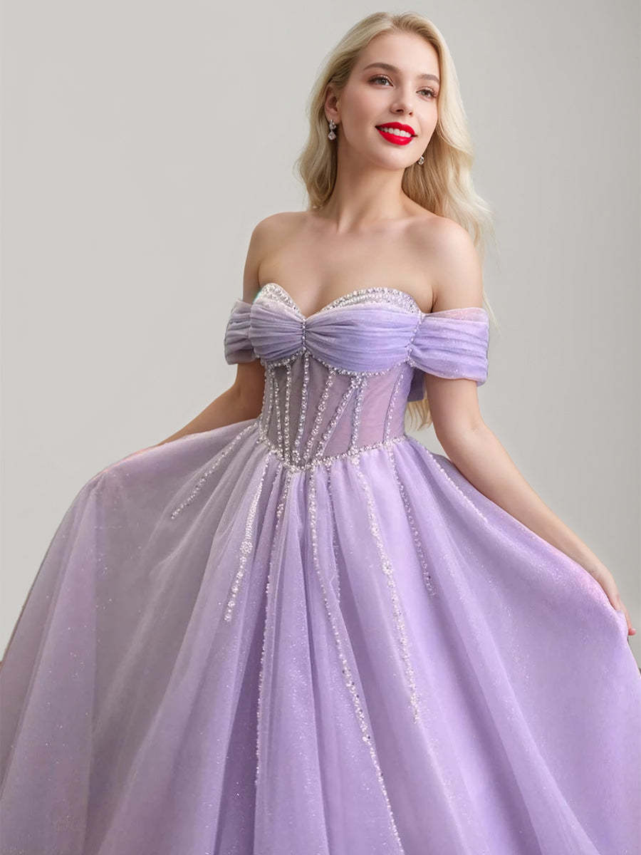 Exquisite Long Prom Dresses with Rhinestone & Ruffles – Off-the-Shoulder Sleeveless A-Line/Princess