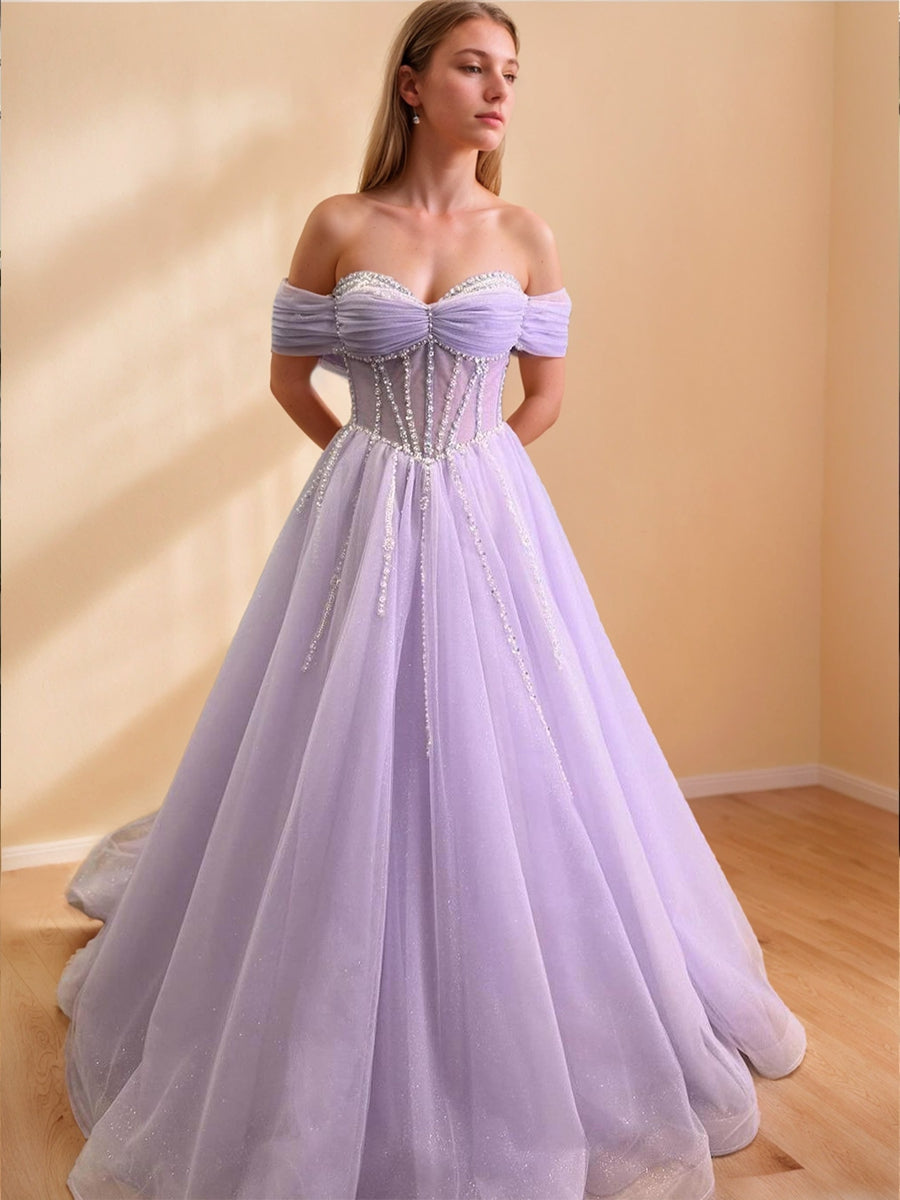 Exquisite Long Prom Dresses with Rhinestone & Ruffles – Off-the-Shoulder Sleeveless A-Line/Princess