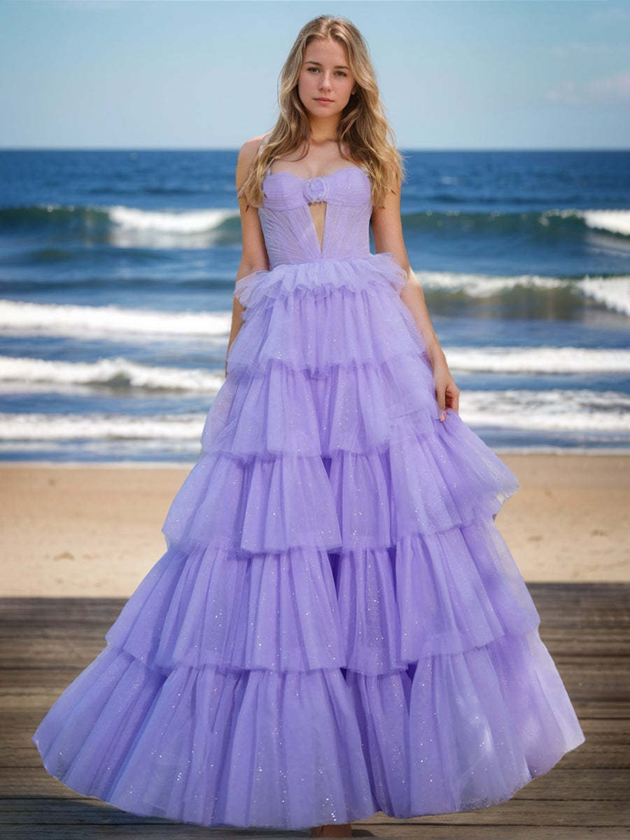 Sweet Strapless Sleeveless A-Line Princess Prom Dresses with Ruffles & Flower