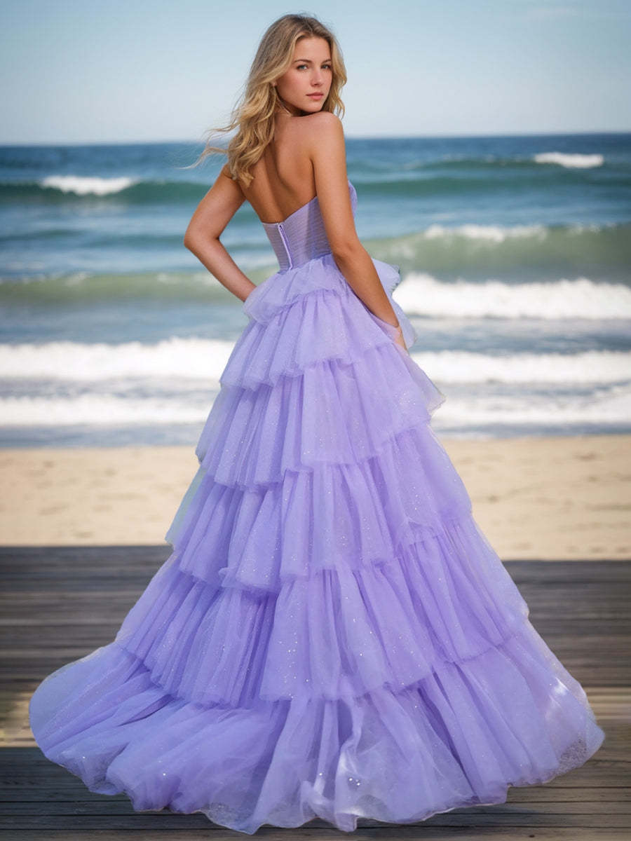 Sweet Strapless Sleeveless A-Line Princess Prom Dresses with Ruffles & Flower