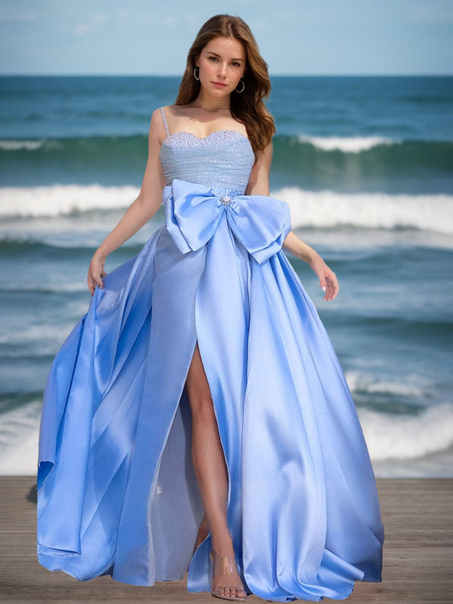 Elegant Sleeveless A-Line Prom Dresses with Spaghetti Straps Bow High Split and Rhinestone