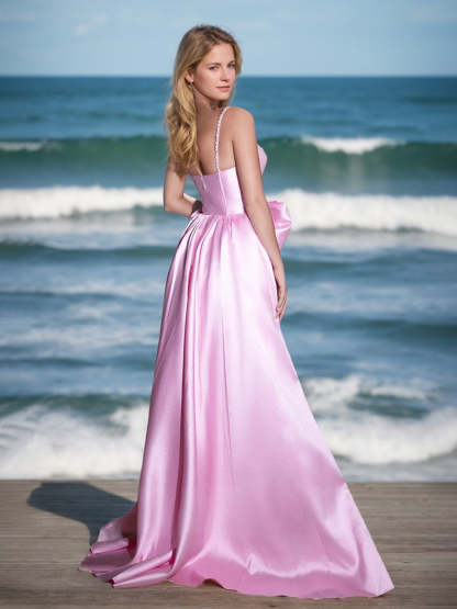 Elegant Sleeveless A-Line Prom Dresses with Spaghetti Straps Bow High Split and Rhinestone