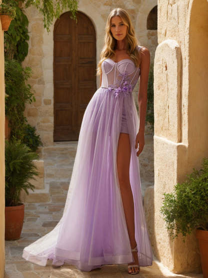 Pleated Long Prom Dress with Spaghetti Straps Side Split and Appliques in an A-Line Design