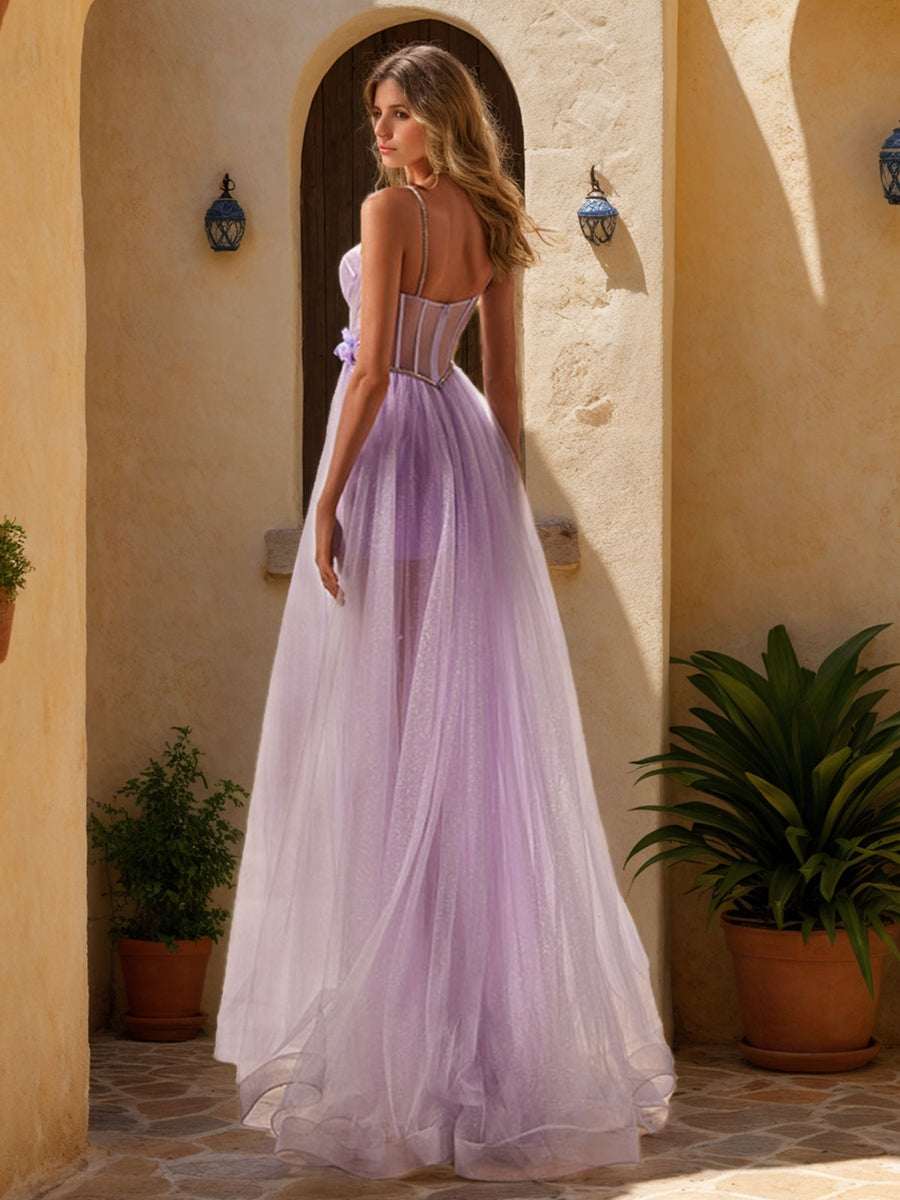 Pleated Long Prom Dress with Spaghetti Straps Side Split and Appliques in an A-Line Design