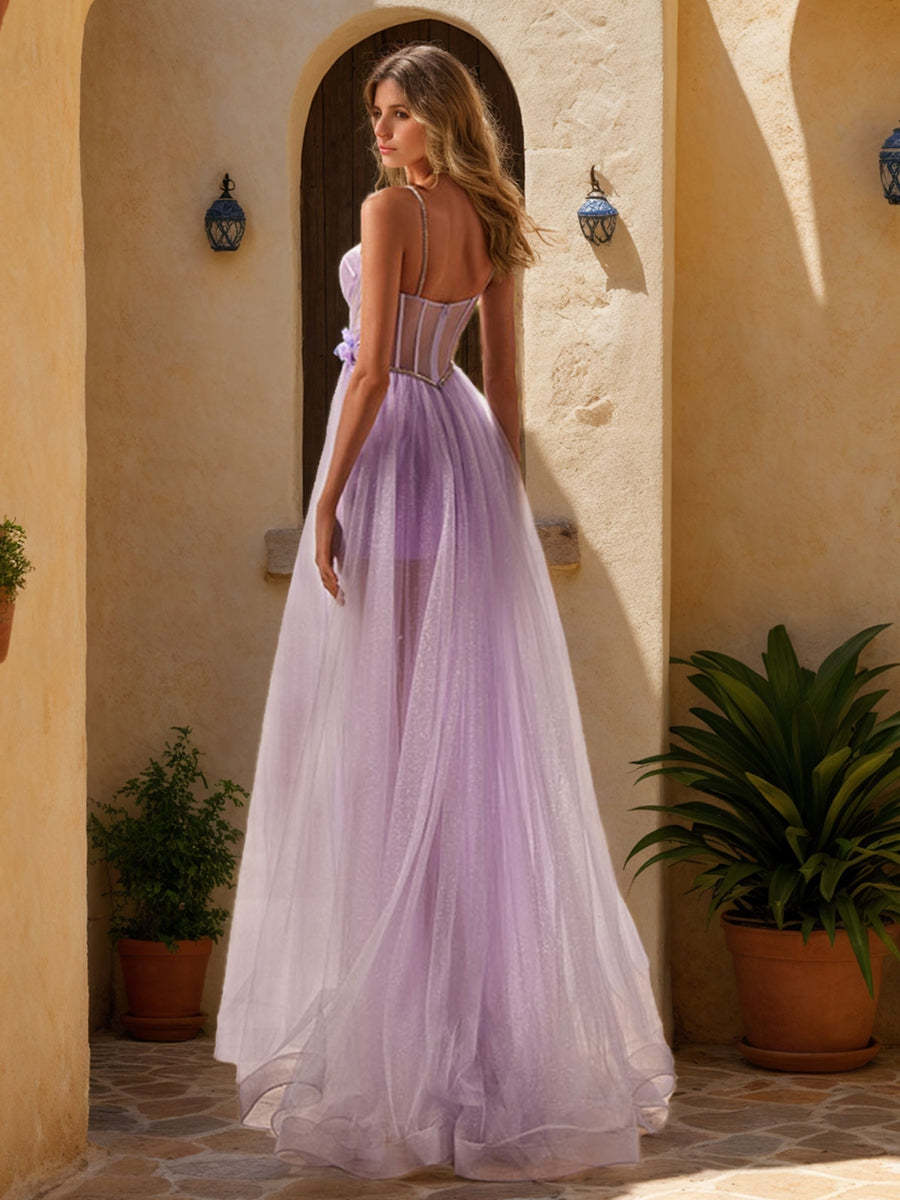 Pleated Long Prom Dress with Spaghetti Straps Side Split and Appliques in an A-Line Design