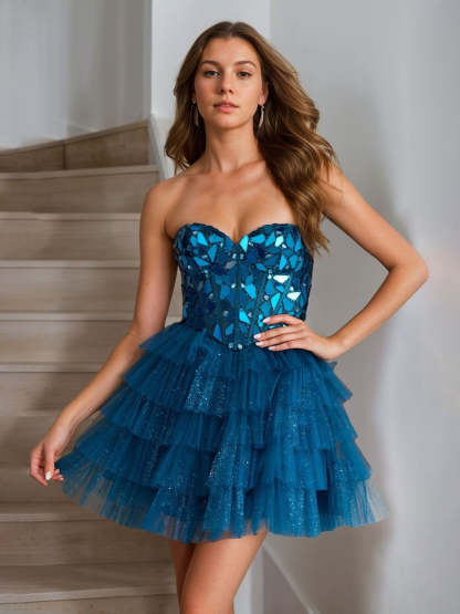 Sweetheart A-Line Princess Mini Cocktail Dress with Sequins and Ruffles