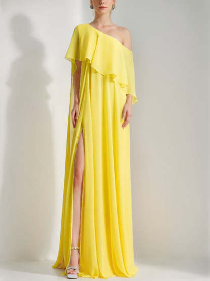 One-Shoulder Sleeveless A-Line Prom Dress with Ruffles and a High Slit