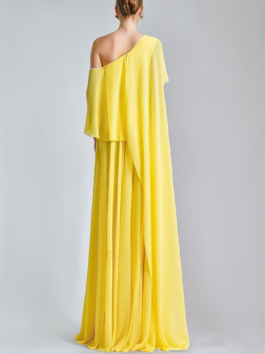 One-Shoulder Sleeveless A-Line Prom Dress with Ruffles and a High Slit