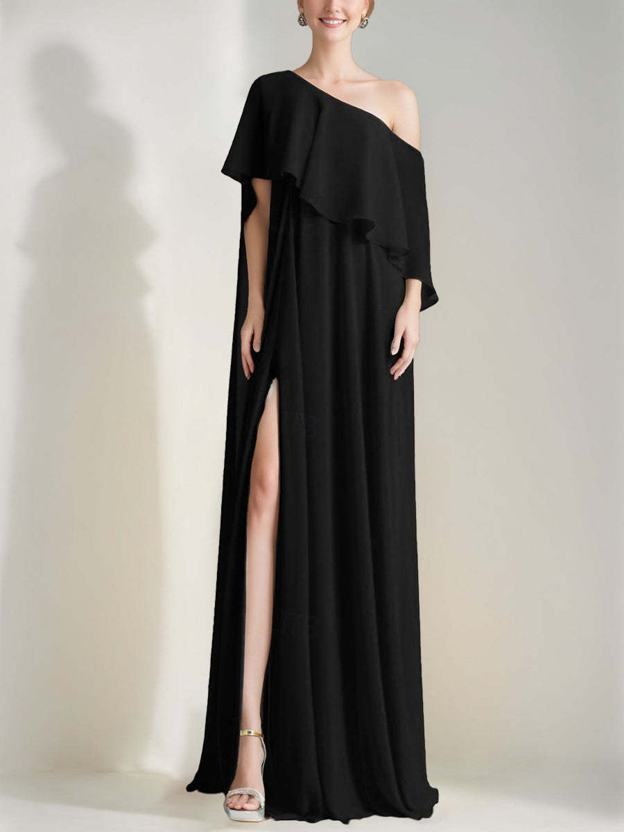 One-Shoulder Sleeveless A-Line Prom Dress with Ruffles and a High Slit