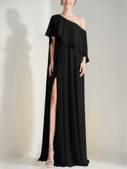 One-Shoulder Sleeveless A-Line Prom Dress with Ruffles and a High Slit