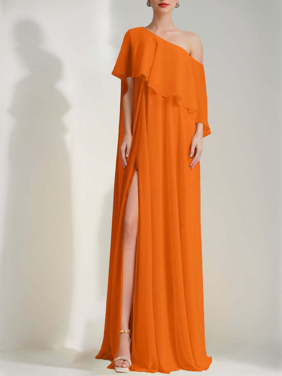 One-Shoulder Sleeveless A-Line Prom Dress with Ruffles and a High Slit