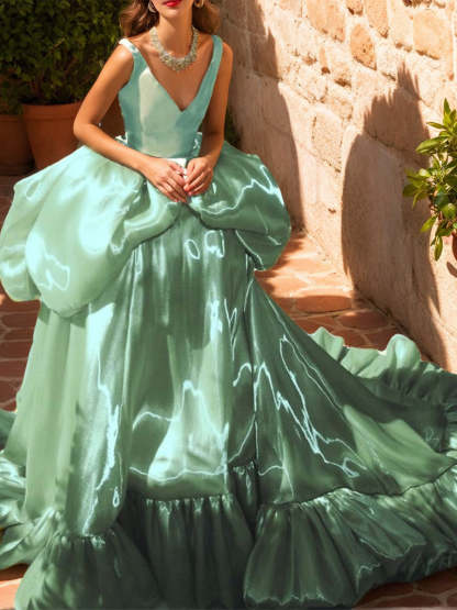 V-Neck Sleeveless Long Ball Gown with Ruches & Ruffles for Prom