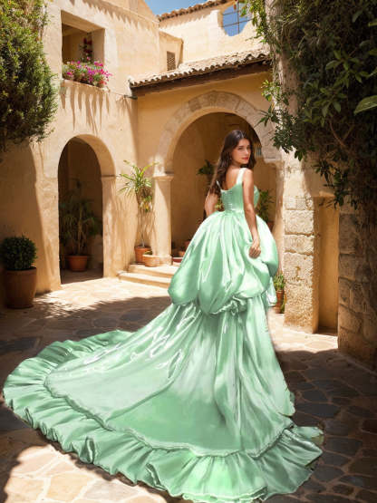 V-Neck Sleeveless Long Ball Gown with Ruches & Ruffles for Prom