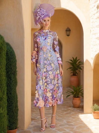 Princess A-Line Prom Dress with Round Neck Long Sleeves and Tea-Length Embroidery