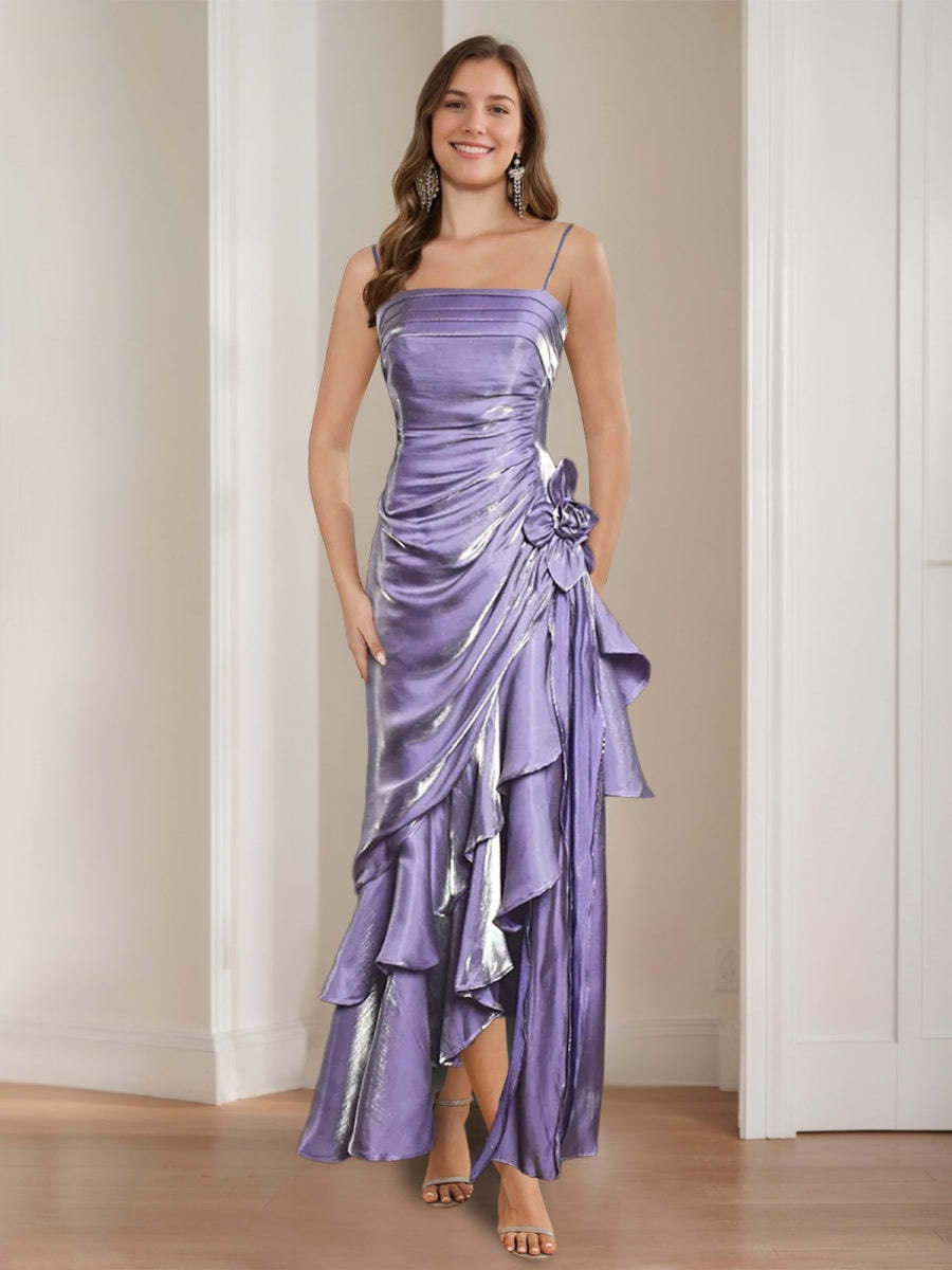 Vintage A-Line Princess Prom Dress with Spaghetti Straps Ruffles and 3D Flower in Asymmetrical Ruched Design-BMbridal.UK