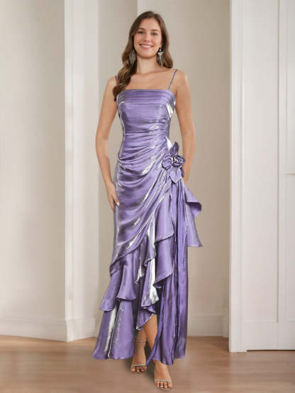 Vintage A-Line Princess Prom Dress with Spaghetti Straps Ruffles and 3D Flower in Asymmetrical Ruched Design-BMbridal.UK