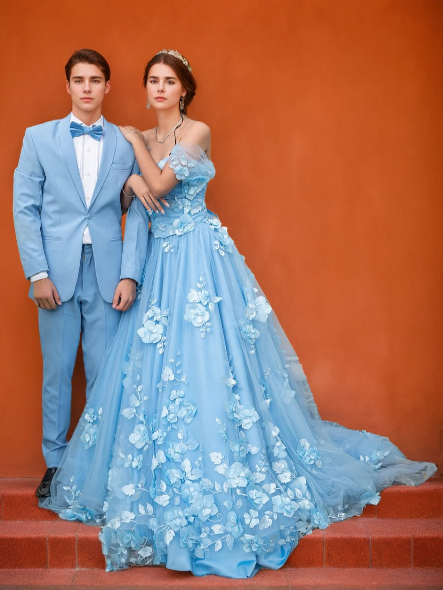 Floor-length Off-The-Shoulder A-Line Prom Dress with Ruched Details and Floral Appliques