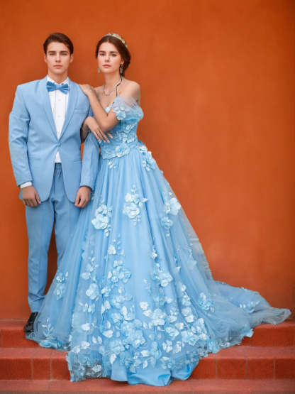 Floor-length Off-The-Shoulder A-Line Prom Dress with Ruched Details and Floral Appliques