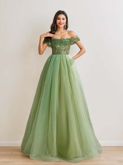 Luxurious Off-the-Shoulder Sleeveless A-Line/Princess Tulle Prom Dresses with Sequins