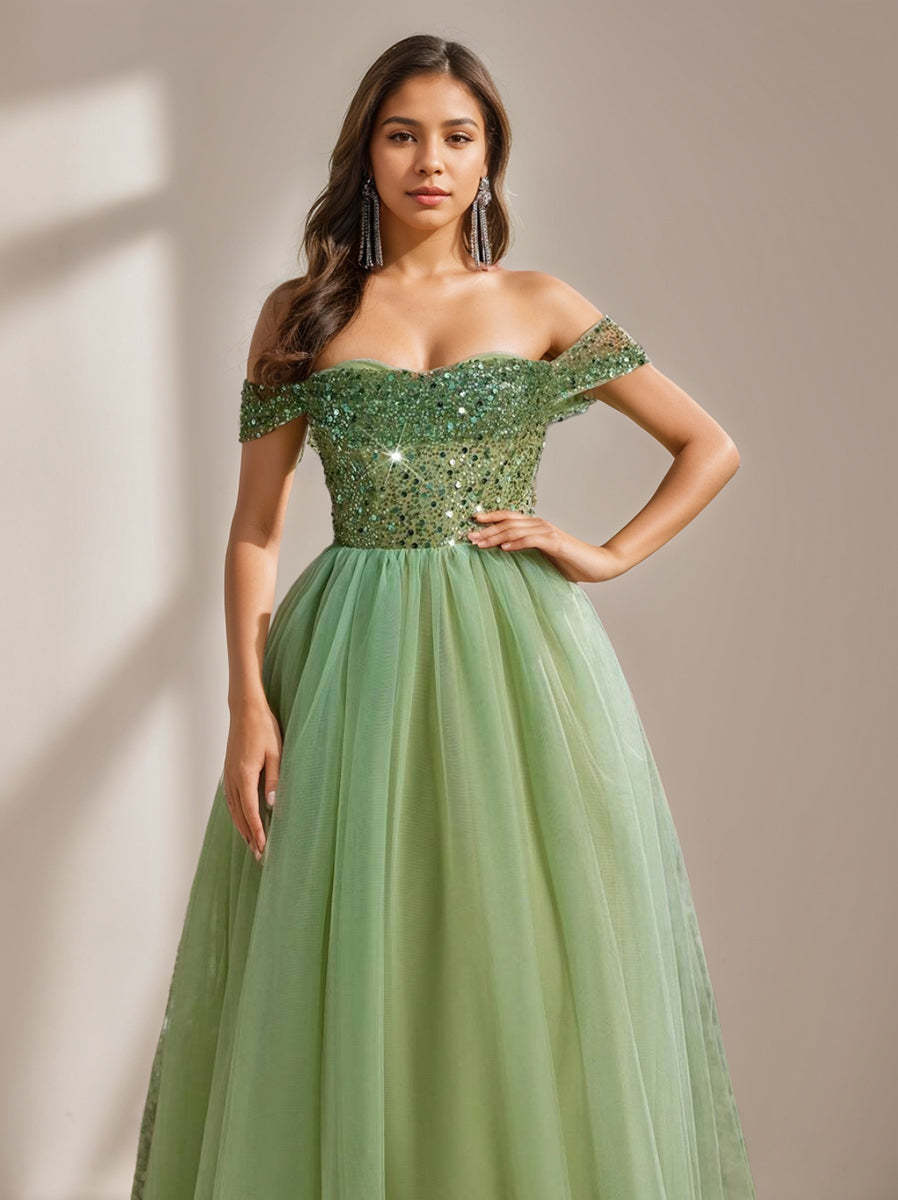 Luxurious Off-the-Shoulder Sleeveless A-Line/Princess Tulle Prom Dresses with Sequins