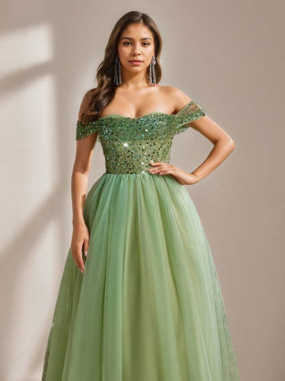 Luxurious Off-the-Shoulder Sleeveless A-Line/Princess Tulle Prom Dresses with Sequins