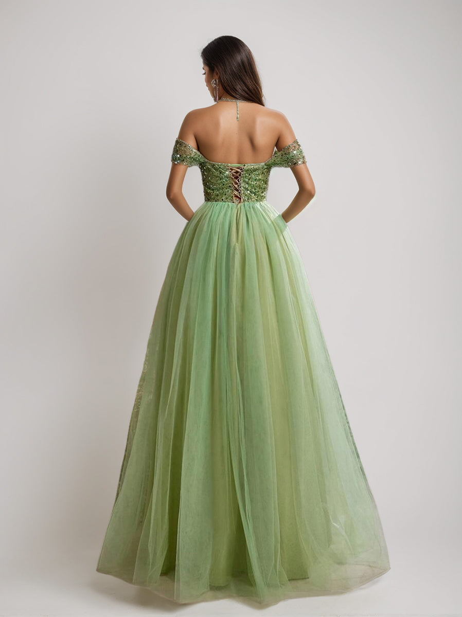 Luxurious Off-the-Shoulder Sleeveless A-Line/Princess Tulle Prom Dresses with Sequins