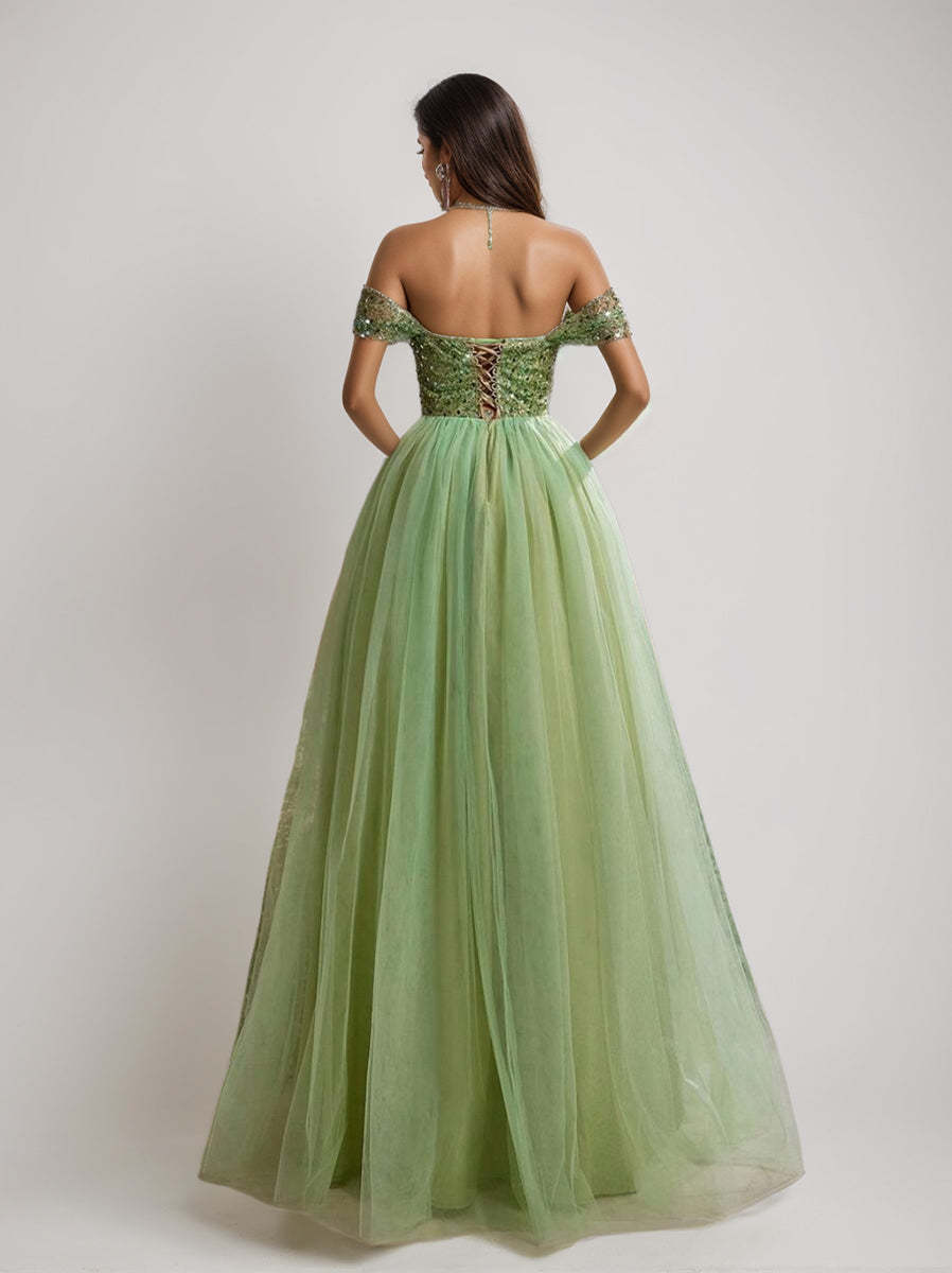 Luxurious Off-the-Shoulder Sleeveless A-Line/Princess Tulle Prom Dresses with Sequins